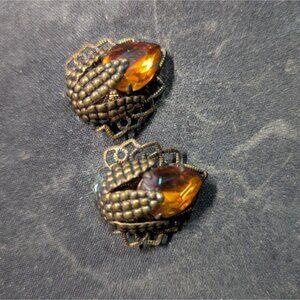 Vintage German Amber Rhinestone Clip On Earrings Gold Filigree Estate 1"